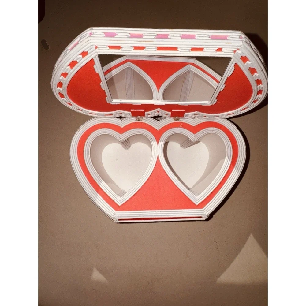 Hand Made Prison Art Heart Shaped Jewelry Box‎ Toothpicks Pink White Photo Frame